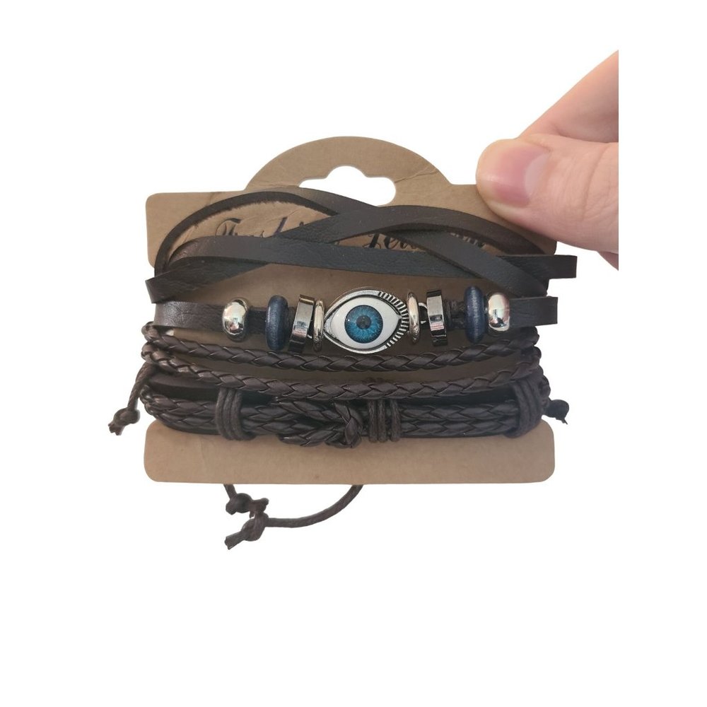 Brown Leather Blue Evil Eye Bracelet Set Unisex Adjustable